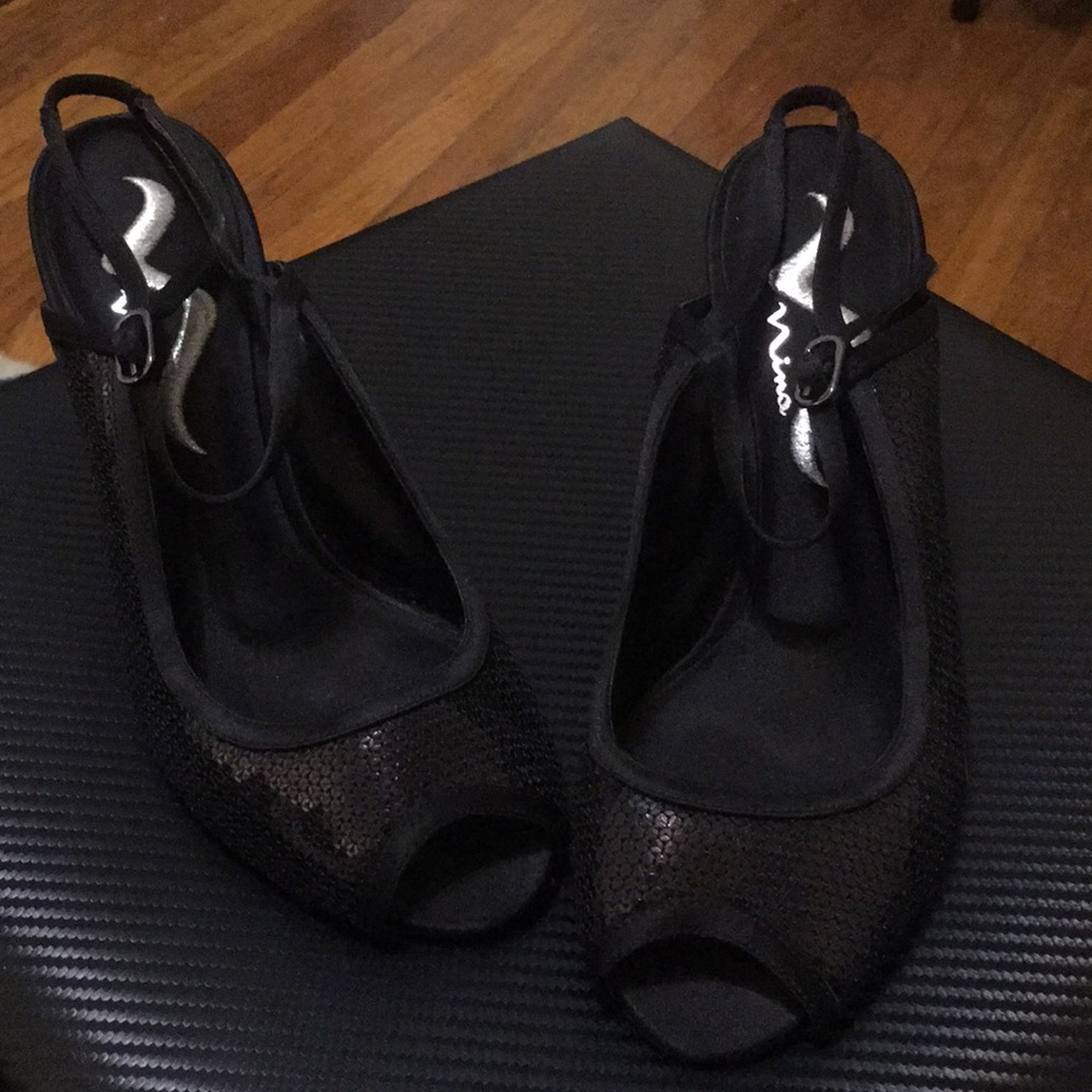 Black sequined formal peep toe heel